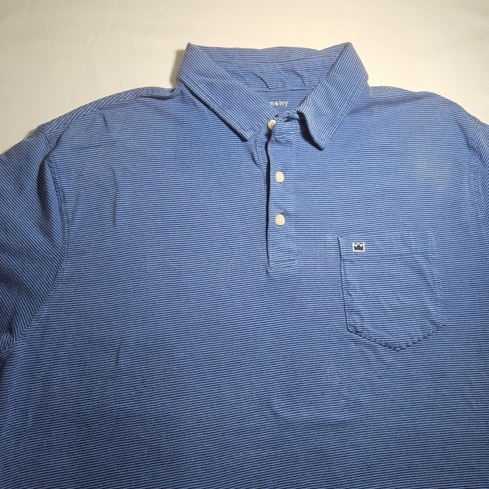 Crown & Ivy Mens Large Blue Striped Short Sleeve Polo Shirt Chest Pocket Cotton